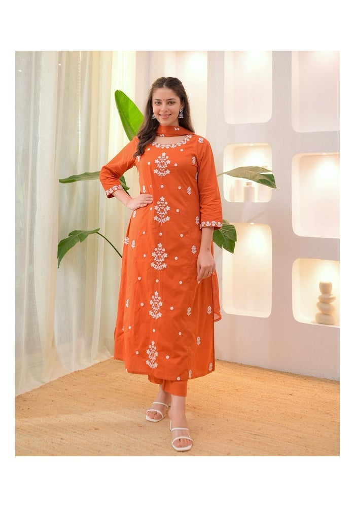 Malishka Export Orange Rayon Slub Embroidered Kurta Pant for Women - Image 1